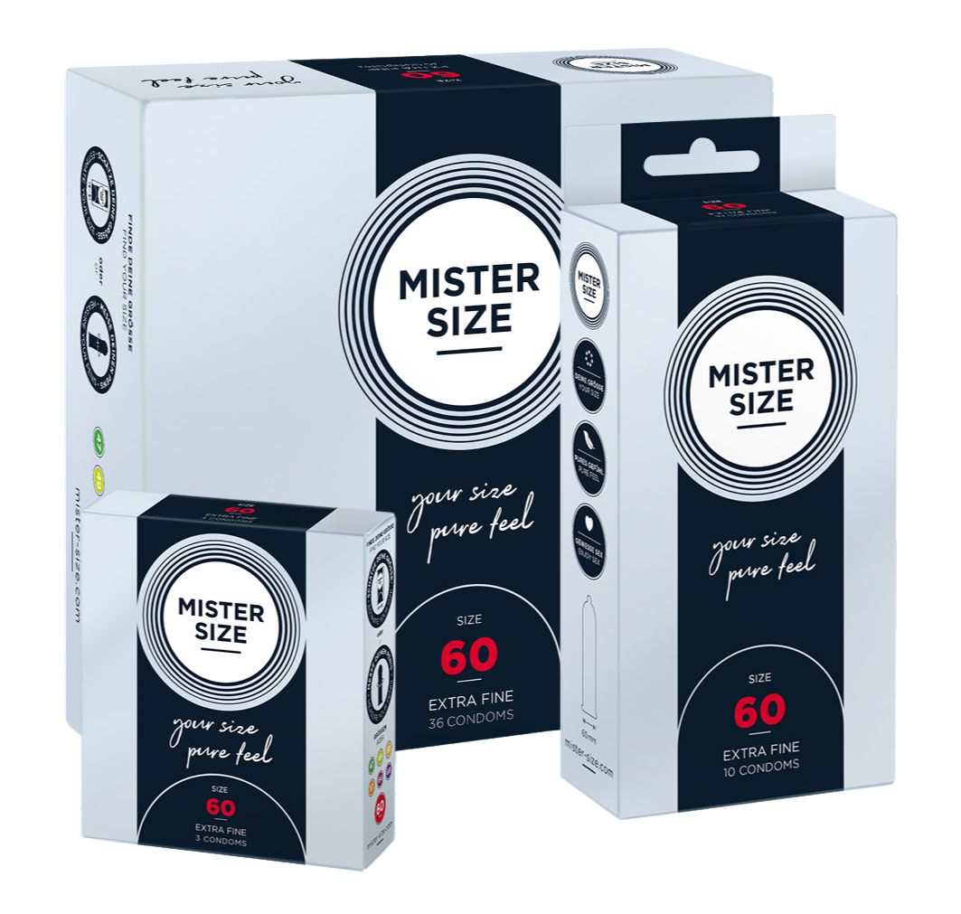 Drie verschillende Mister Size condoomverpakkingen in maat 60